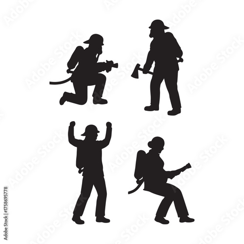 Firefighter Silhouettes Vector Illustration Set: Emergency Rescue Workers with Equipment and Poses