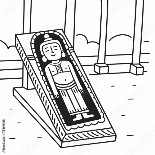 Illustration of a reclining buddha statue inside a structure with pillars in black and white style