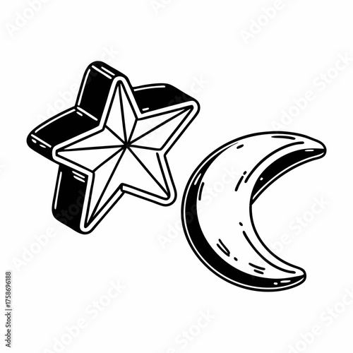 Illustration of a three dimensional star shape and a crescent moon with bold black outlines on white