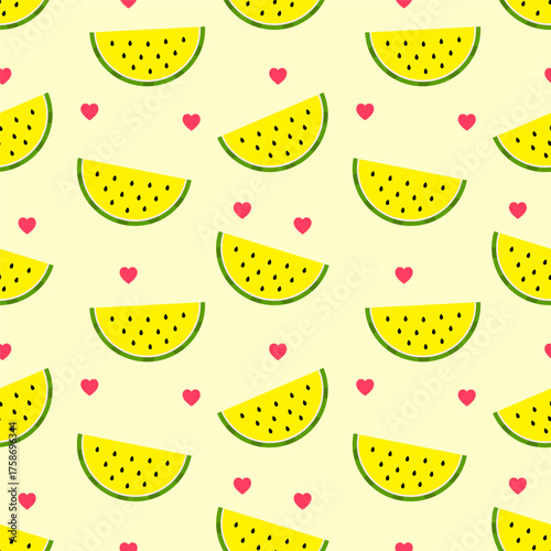 Adorable colorful seamless pattern with fruit and heart.Sliced yellow watermelon with red hearts repeat pattern isolated on light yellow background.Vector graphic surface pattern wallpaper.