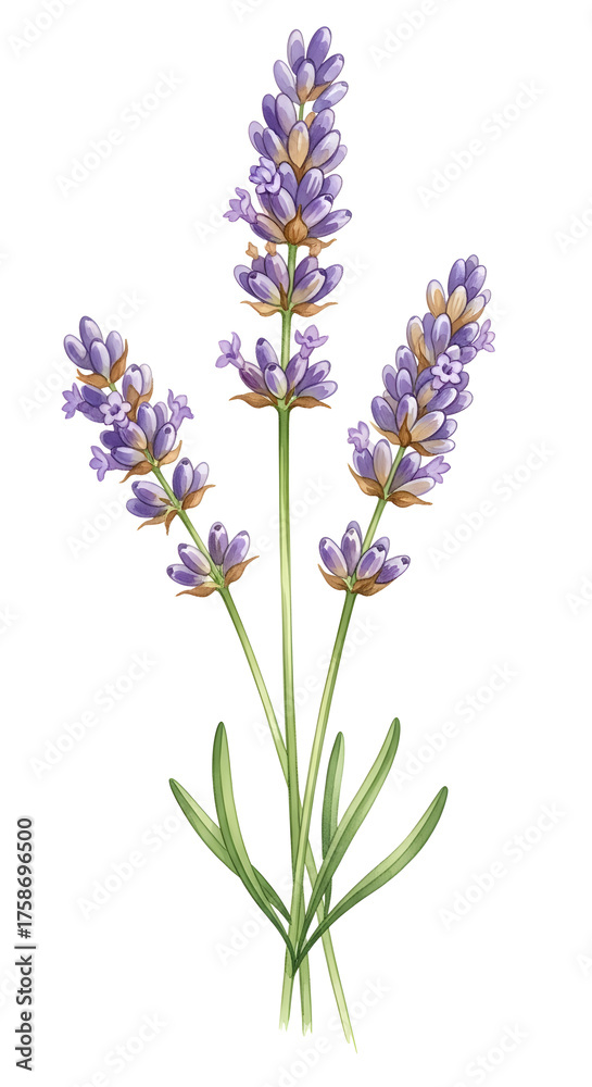 Fototapeta premium Watercolor flower background watercolor illustration of three vibrant lavender flower stems with green leaves, isolated on a clean white background, ideal for aromatherapy and botanical themes
