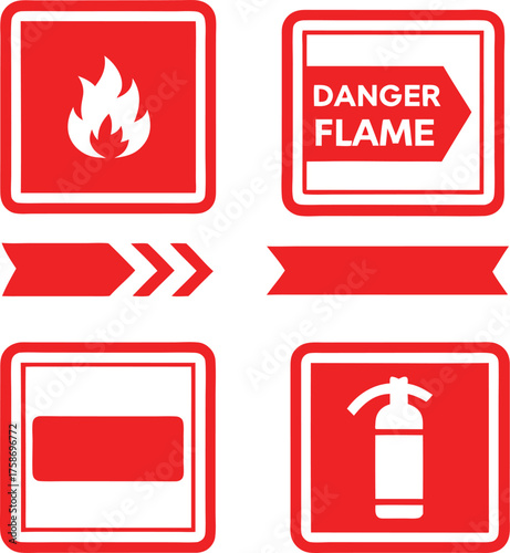 Red safety symbols fire danger extinguisher white flame
