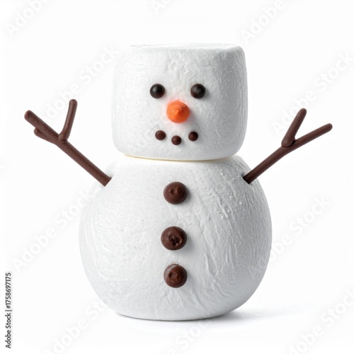 Marshmallow Snowman with Brown Buttons and Orange Nose on White Background