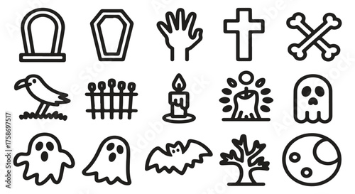 Halloween Outline Icons — Ghost, Bat, Candle, Tree, Tombstone