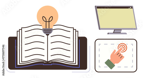 Open book with lightbulb showcasing knowledge, computer monitor for technology, and hand clicking touchscreen symbolizing interaction. Ideal for education, technology, innovation, e-learning