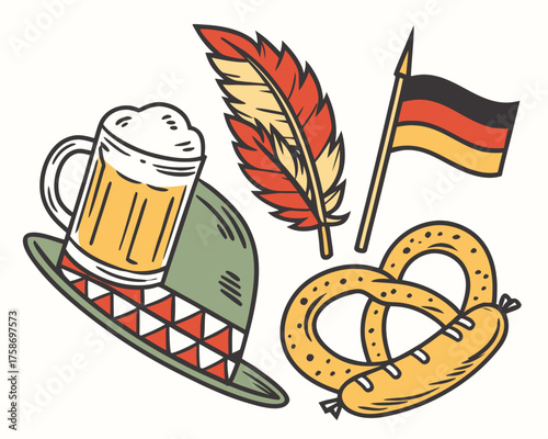 Oktoberfest themed illustration with beer, hat, flag, feather, and pretzel isolated