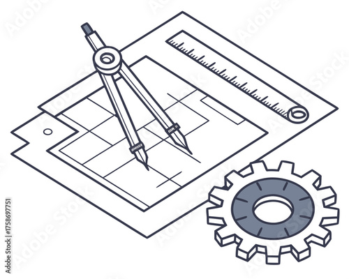 Technical drawing tools and gear illustration