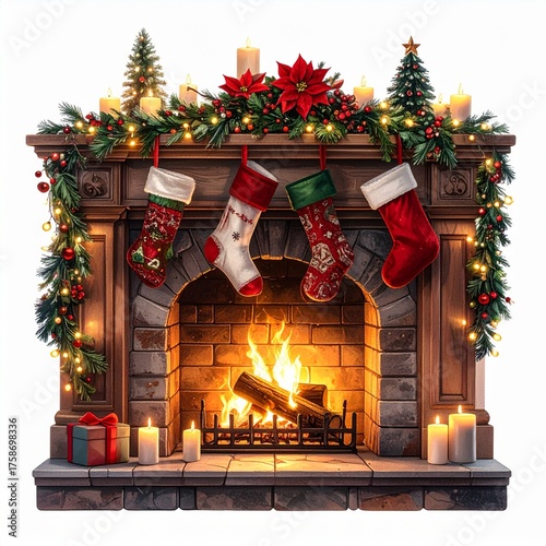 Ornate Fireplace Decorated with Christmas Stockings and Glowing Lights Isolated