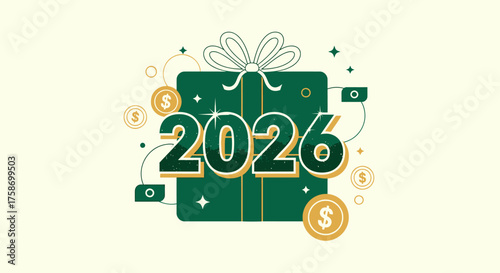 An opulent flat design illustration featuring a luxurious gift box from which bold, subtly dimensional "2026" typography with a glittering emerald green effect emerges, surrounded by abstract symbols.
