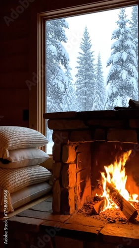 Cozy fireplace with snow covered trees viewed through the window