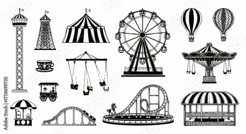 Fun amusement carnival park attractions and carousels black silhouettes. Funfair circus tent, swings, train and hot air balloon vector set stock illustration