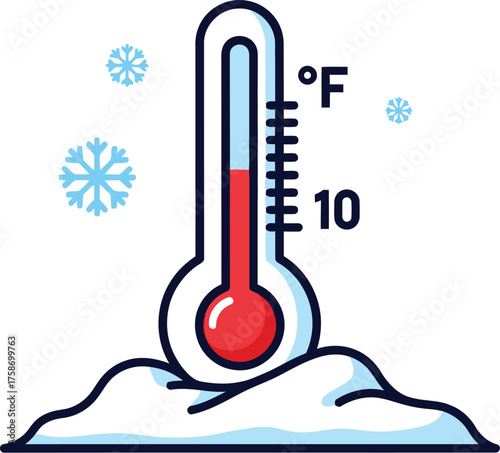 Thermometer showing ten degrees fahrenheit on snow with snowflakes around it