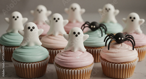 Halloween cupcakes with ghost and spider decorations on frosting  
