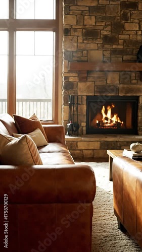 Cozy living room interior with a fireplace and leather sofas