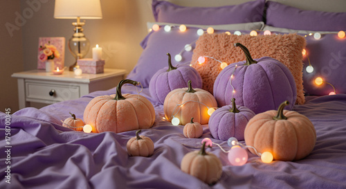 Decorative pumpkins and fairy lights on purple bedspread at home  