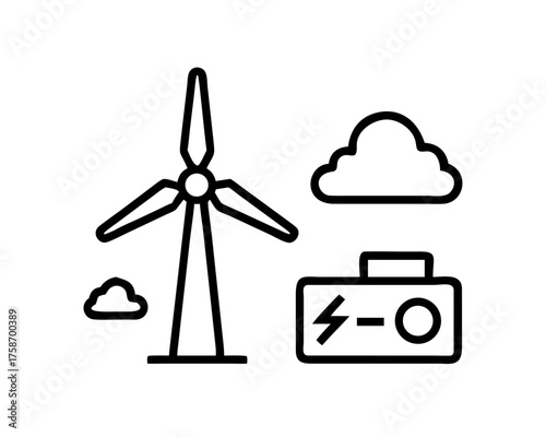 Wind turbine generating power with battery storage and cloud