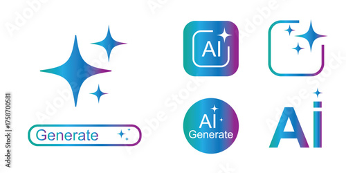 AI generated button and AI icon. Artificial intelligence online tool UI. Artificial intelligence application logo, ai stars colorful icon set. Generative Ai logo. Artificial intelligence Vector Eps 10