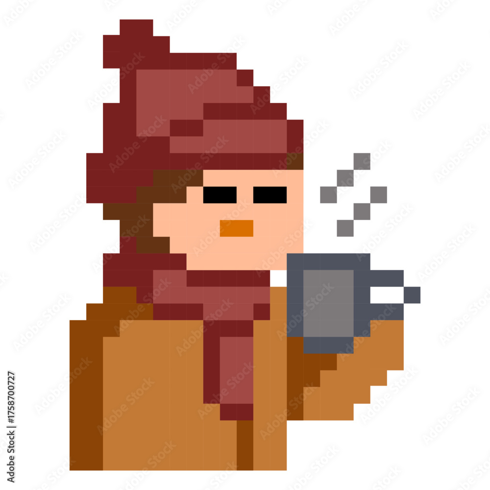 Obraz premium Boy Drinking Hot Coffee Pixel Art