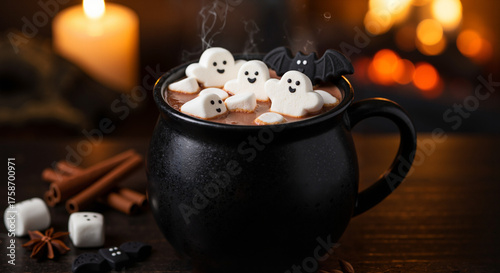 Halloween-themed hot chocolate with ghost marshmallows and cinnamon  