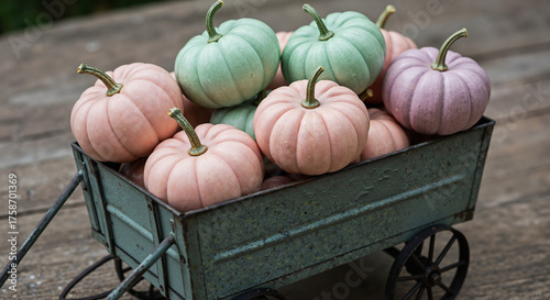 Colorful pumpkins arranged in a vintage wagon on wooden surface  