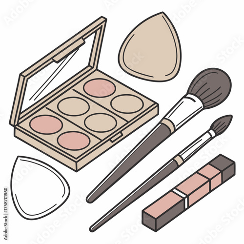 Makeup palette, brush, sponge, and concealer