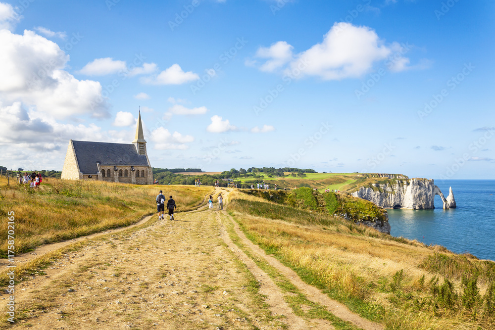 Fototapeta premium Hiking Trail to Notre-Dame de la Garde Chapel and Aval Cliff at Etretat