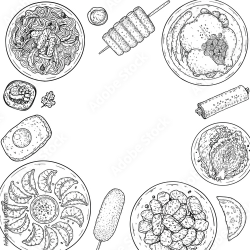 Korean food frame. Hand drawn top view Korean food dishes vector sketch illustration. Mandu, corn dog,samgyetang, japchae, bulgogi, kimbap, tteokbokki