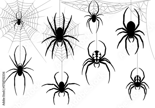 Abstract illustration of several spider figures in black and white
