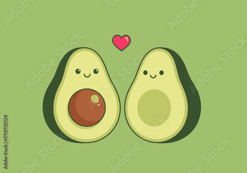 Cartoon avocado halves smiling face and seed