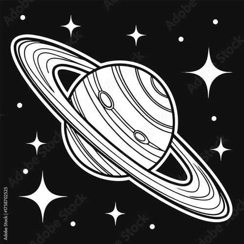 Minimalist black and white illustration of a ringed planet resembling Saturn, surrounded by small glowing stars, clean vector art style, bold outlines, simple cosmic design, tattoo-inspired, high cont