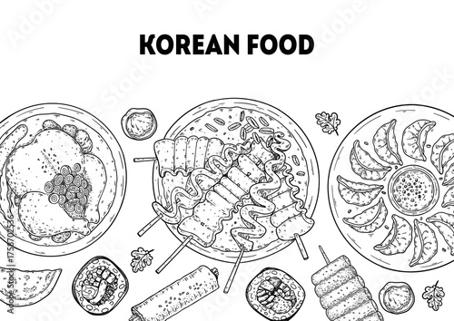 Korean food frame. Hand drawn top view Korean food dishes vector sketch illustration. Samgyetang, kimbap, odeng, mandu, tteokbokki.