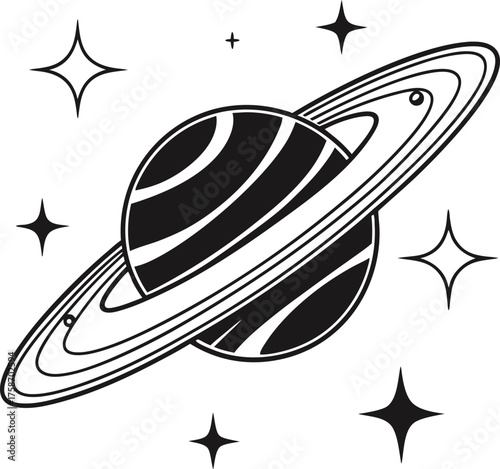 Minimalist black and white illustration of a ringed planet resembling Saturn, surrounded by small glowing stars, clean vector art style, bold outlines, simple cosmic design, tattoo-inspired, high cont