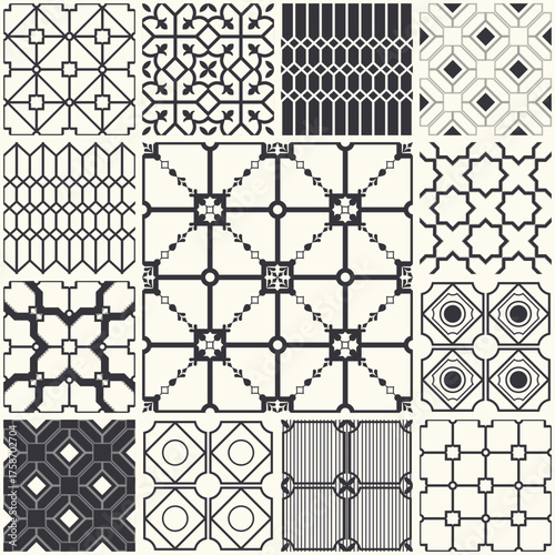 Patchwork from seamless tiles with geometric pattern. Set of modern geometric seamless Tiles. Stylish pattern for ceramic tile, wallpaper, linoleum, textile, web page background.Vector illustration