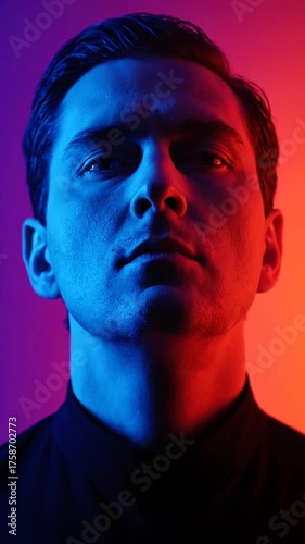 Dramatic portrait of a man with colorful neon light effect