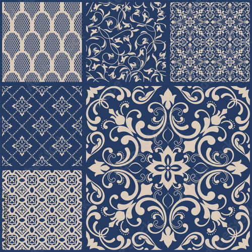 Vintage patchwork from seamless damask tiles. Collection patterns in Eastern style. Vintage grunge fabric decor. Seamless carpet. Original traditional Portuguese and Spain decor. Vector illustration