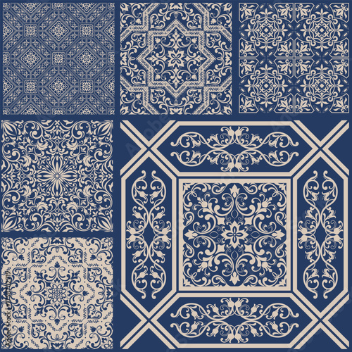 Vintage patchwork from seamless damask tiles. Collection patterns in Eastern style. Vintage grunge fabric decor. Seamless carpet. Original traditional Portuguese and Spain decor. Vector illustration