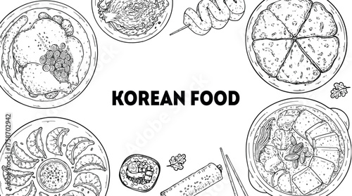 Korean food frame. Hand drawn top view Korean food dishes vector sketch illustration. Samgyetang, mandu, kimbap, jjigae, pajeon, kimchi, odeng