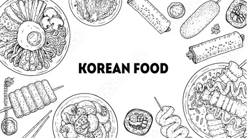 Korean food frame. Hand drawn top view Korean food dishes vector sketch illustration. Bibimbap, tteokbokki, nakji bokkeum, kibap, odeng, corn dog, kimchi