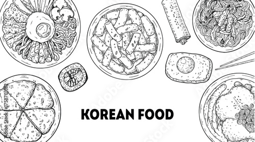 Korean food frame. Hand drawn top view Korean food dishes vector sketch illustration. Bibimbap, pajeon, kimbap, tteokbokki, japchae, samgyetang, egg bread