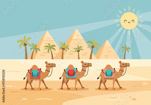 Desert scene with camels and pyramids under sunny sky