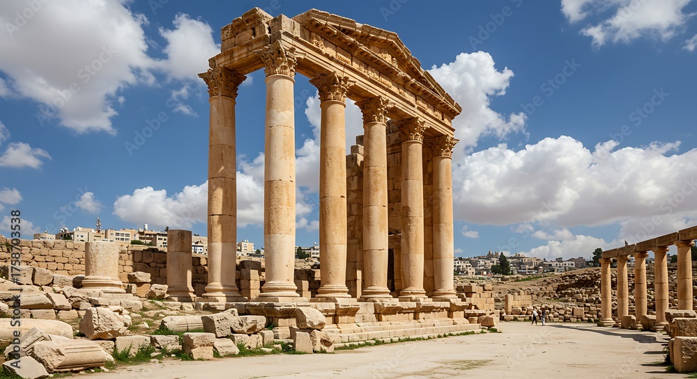 Obraz premium Ancient roman columns under blue sky with clouds architectural structure