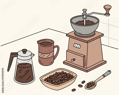 Coffee preparation scene with grinder, pot, beans, and cup on a table