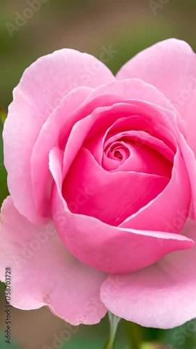 Close up of a delicate pink rose blooming in natural sunlight
