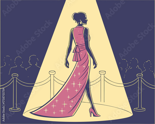 Elegant woman in a gown walking the red carpet under a spotlight beam