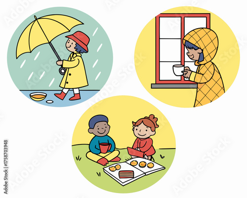 Illustration of children enjoying rainy day activities in three scenes