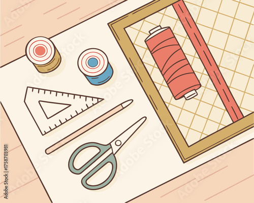 Illustration of sewing and crafting tools