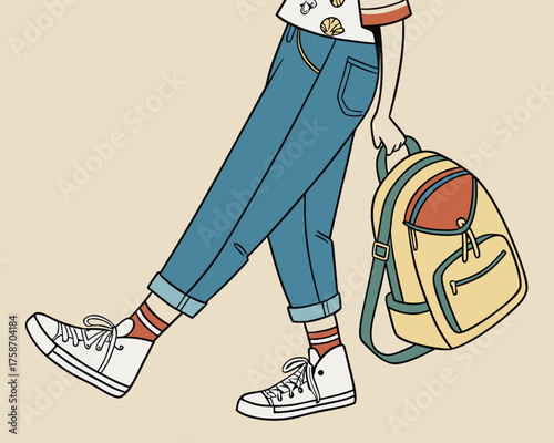 Person wearing jeans and sneakers with a backpack
