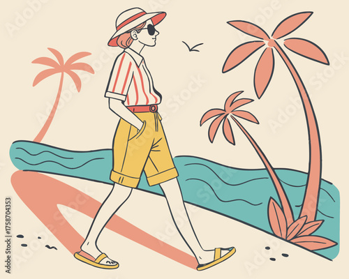 Woman in summer clothes walking on the beach with palm trees illustration