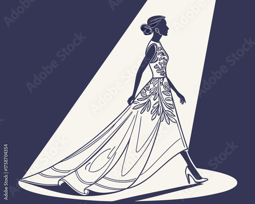 Woman in elegant gown walking in spotlight