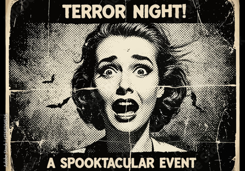 Vintage film poster dramatic portrait woman screaming horror movie propaganda